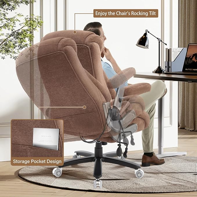 Fabric 700lbs Big and Tall Office Chair, Ergonomic Heavy Duty Executive Cloth Office Chair with 5D Flip Arms & Adjustable Lumbar Support & Dual Rubber Wheel, Large Thick Padded Extra Wide Seat, Brown