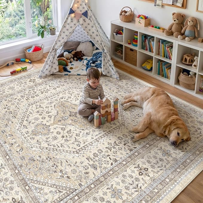 Puino 11x11 Square Area Rug - Washable Oriental Large Rugs for Living Room Soft Non-Slip Backing Indoor Carpet for Bedroom Low Pile Stain Resistant Floor Mat for Dinning Room Home Decor Beige/Gray