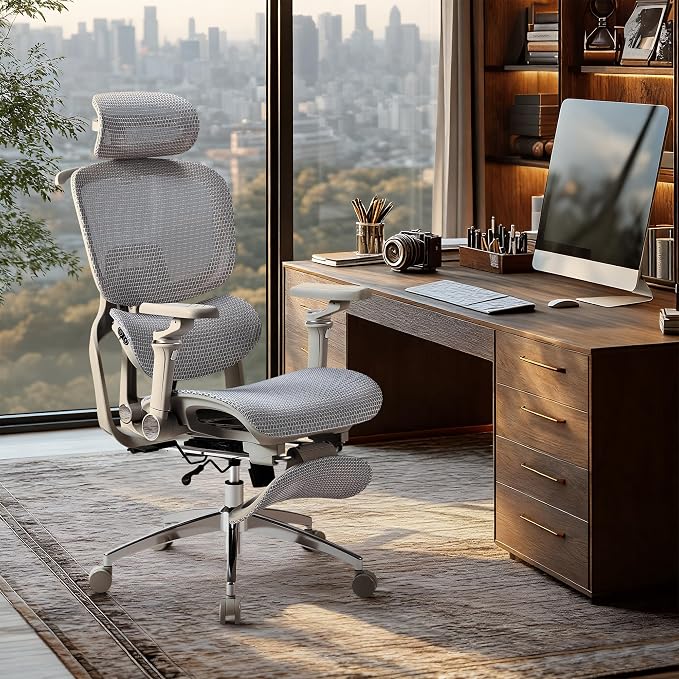 Furmax Ergonomic Office Chair, High Back Executive Chair with Heated Massage Lumbar Support, 6D Armrests, Adjustable Headrest & Footrest, Breathable Full-Mesh Design, Gray