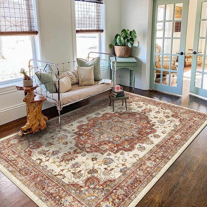 TOPRUUG Washable Oriental Area Rug - 5x8 Rugs for Living Room Soft Carpet for Bedroom Waterproof Floral Distressed Indoor Stain Resistant Non-Shedding Floor Carpets (Red, 5x8)