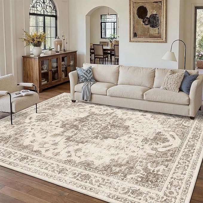 9x12 Vintage Washable Area Rugs Boho Medallion Large Distressed Retro Accent Carpet Floral Non-Slip Soft Low Pile Indoor Throw Rug for Living Room Bedroom Dining Room Office Kitchen, Taupe