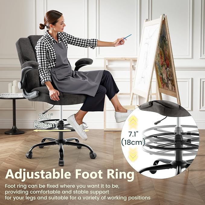 Drafting Chair 500Lbs, Tall Office Chair for Standing Desk, Fabric Executive Office Chair with Flip-up Armrests, Ergonomic High Chair with Adjustable Foot Ring, Comfy Stool Chairs, Black