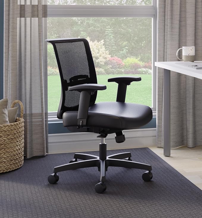 HON Convergence Ergonomic Office Chair with Mesh Back, Vinyl Seat Cushion, Adjustable Arms, Lumbar Support, Synchro‑Tilt Swivel Desk Chair with Wheels for Home Office, Black Frame, Black