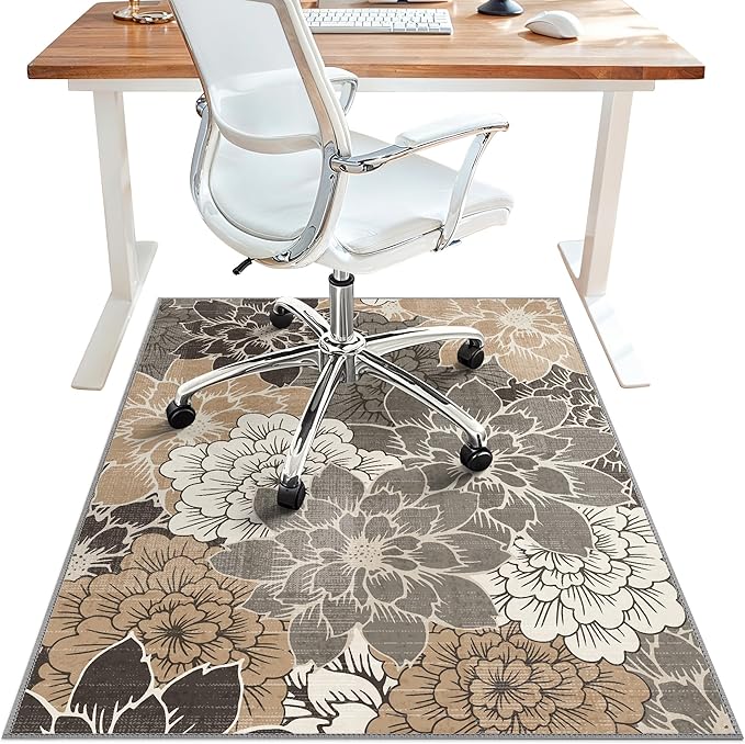 36"x60" Office Chair Mat for Hardwood Tile Floor, Under Desk Carpet Protector for Rolling Computer Chair Mat, Machine Washable Area Rug, Anti-Slip 1/5" Thick Low Pile Thin Vinyl Floor Mat, Grey Beige