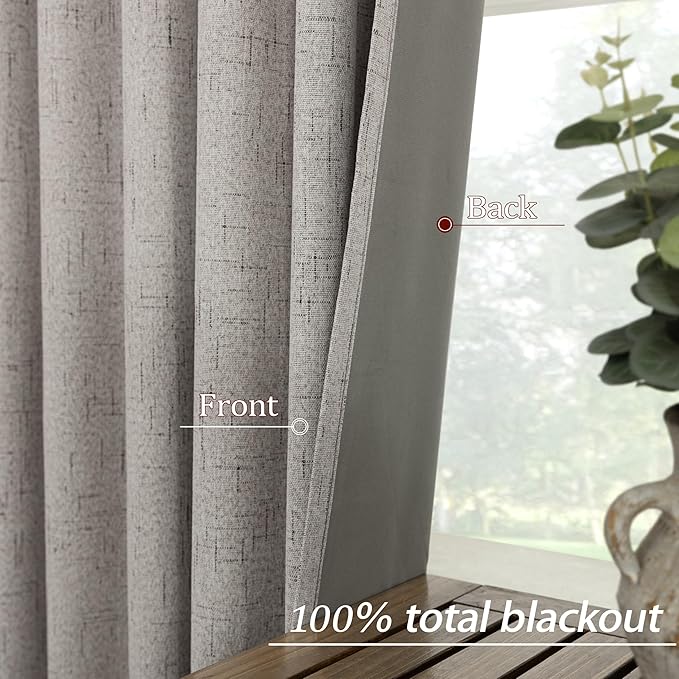 KOUFALL Neutral Blackout Curtains for Living Room Bedroom,Mushroom Taupe Greige Linen Noise Reducing Soundproof Sound Proof Curtains for Office Window at Home 84 Inches Long