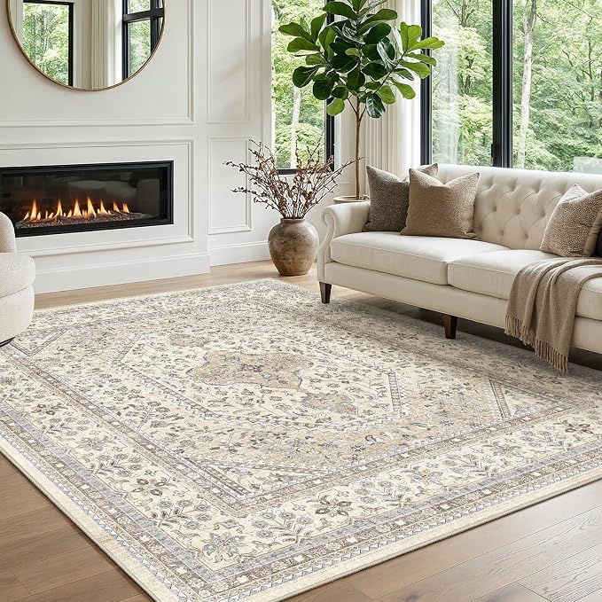 Puino 6x6 Square Area Rug - Washable Oriental Rugs for Living Room Soft Non-Slip Backing Indoor Carpet for Bedroom Kitchen Low Pile Stain Resistant Floor Mat for Bathroom Home Decor Beige/Gray