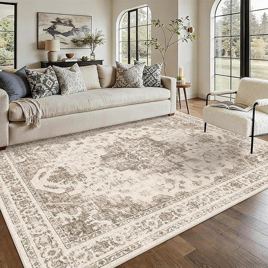 5x7 Vintage Washable Area Rugs Boho Medallion Large Distressed Retro Accent Carpet Floral Non-Slip Soft Low Pile Indoor Throw Rug for Living Room Bedroom Dining Room Office Kitchen, Taupe