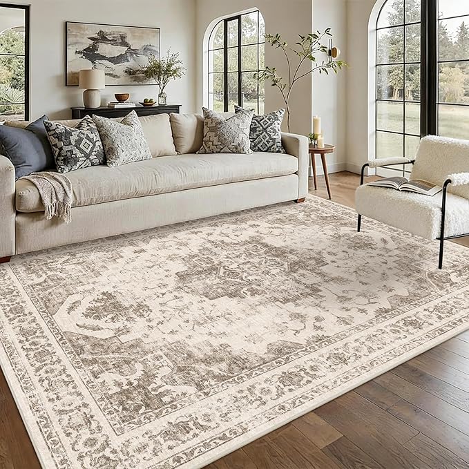 6x9 Vintage Washable Area Rugs Boho Medallion Large Distressed Retro Accent Carpet Floral Non-Slip Soft Low Pile Indoor Throw Rug for Living Room Bedroom Dining Room Office Kitchen, Taupe
