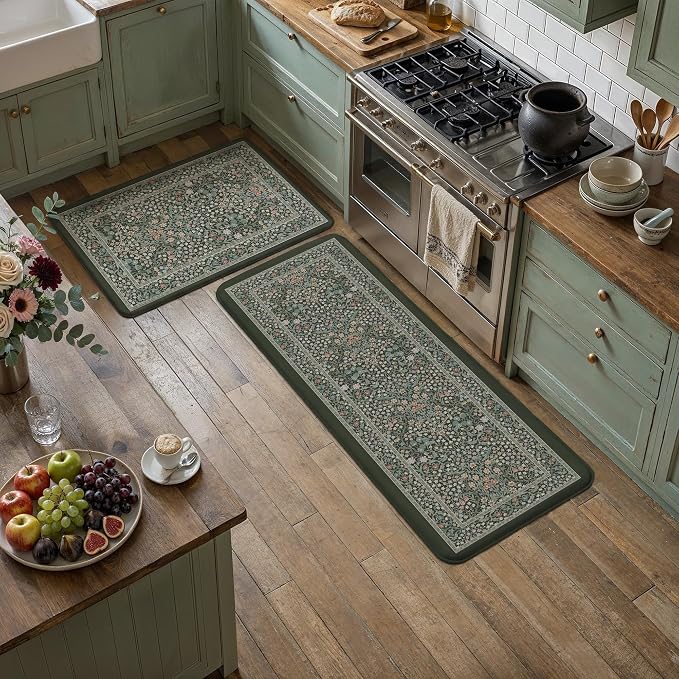 Kitchen Mats for Floor Thick Anti Fatigue Waterproof Vintage Spring Floral Kitchen Rugs 2PCS Cushioned Non Slip Black Green Comfort Standing Mats for Sink Laundry Office 17.3"×47"+17.3"×30"