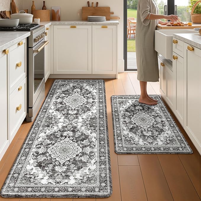 Boho Kitchen Mats for Floor 2 Piece Set Anti Fatigue Cushioned PVC Kitchen Rugs Non Slip Waterproof Farmhouse Mats 2/5 Inch Comfort Standing Mat for Sink, Laundry, 23.6"x39"+23.6"x59", Dark Grey