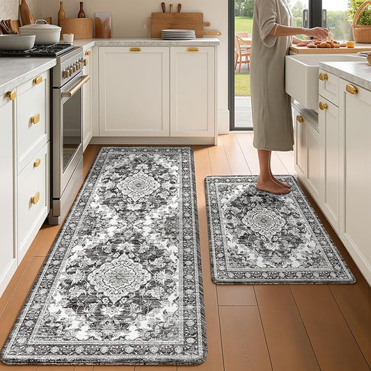 Boho Kitchen Mats for Floor 2 Piece Set Anti Fatigue Cushioned PVC Kitchen Rugs Non Slip Waterproof Farmhouse Mats 2/5 Inch Comfort Standing Mat for Sink, Laundry, 23.6"x39"+23.6"x59", Dark Grey