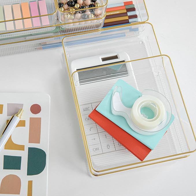 Martha Stewart Kerry Stackable Desk Drawer Organizers, Clear/Gold, 6-Pack | Various Sizes, Gold Trim, Stackable