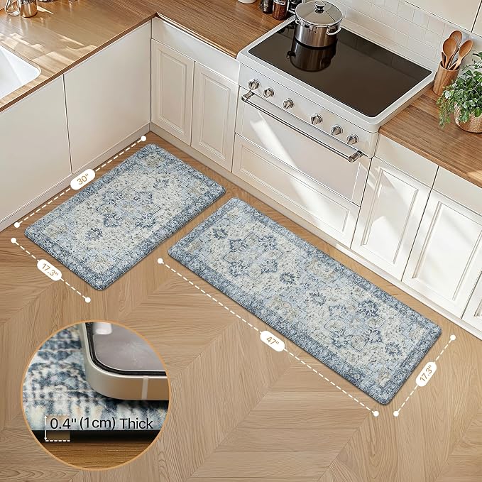 GENIMO Kitchen Mats for Floor 2PCs, Washable Anti Fatigue Mat for Cushioned, 17.3"x47"+17.3"x30", 0.4 inch, Waterproof Kitchen Rug, Non Slip Standing Mat for Home, Runner, Office, Laundry, Light Blue