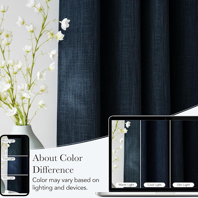 NICETOWN Short Faux Linen Navy Blue Blackout Curtains 63 inches Long for Kitchen - Privacy Panels for Living Room Bedroom, Modern Farmhouse Style Easy Care Grommet Top, 2 Panels, W42 by L63