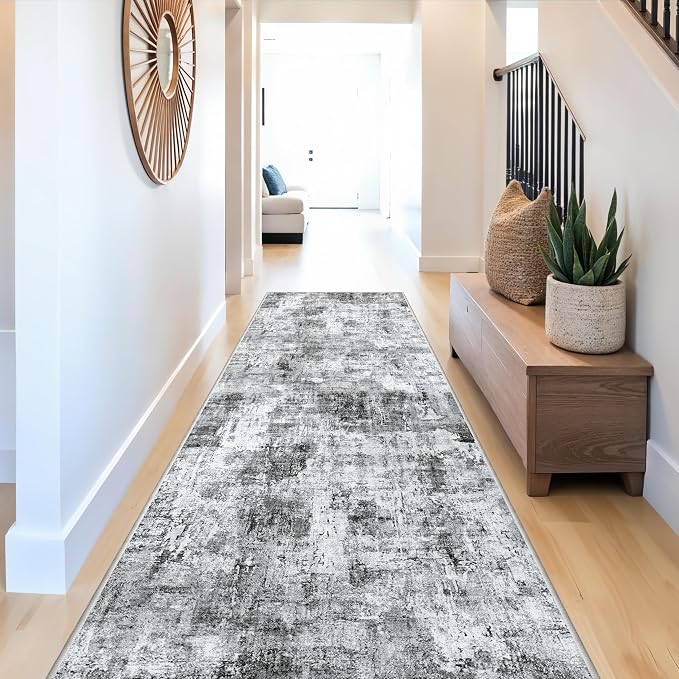 Rug Runners for Hallways Non Slip – 3X10 Washable Long Carpet Runner for Kitchen Indoor Entryway, Bedroom, Living Room,Modern Abstract Low-Pile Thin Grey Runner