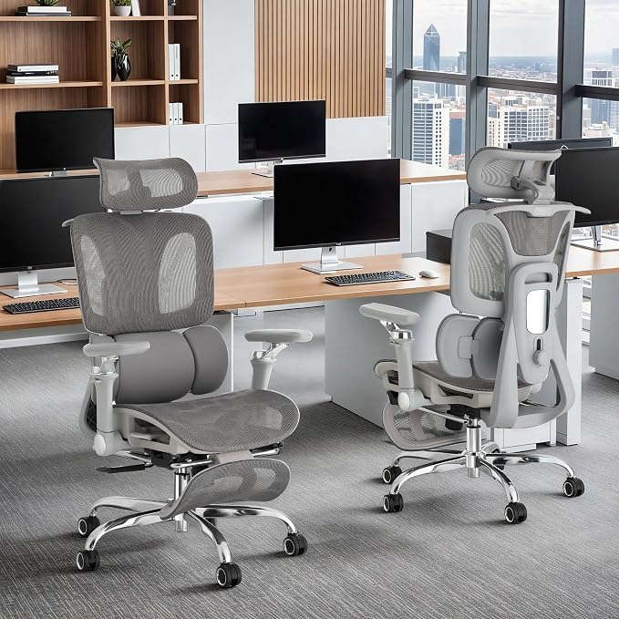 Ergonomic Mesh Office Chair with 3-Zone Dynamic Lumbar Support, Big and Tall Office Chair with Footrest, Adjustable Seat Depth,4D Headrest,6D Armrests, Swivel Executive Chair for Home Office,Grey