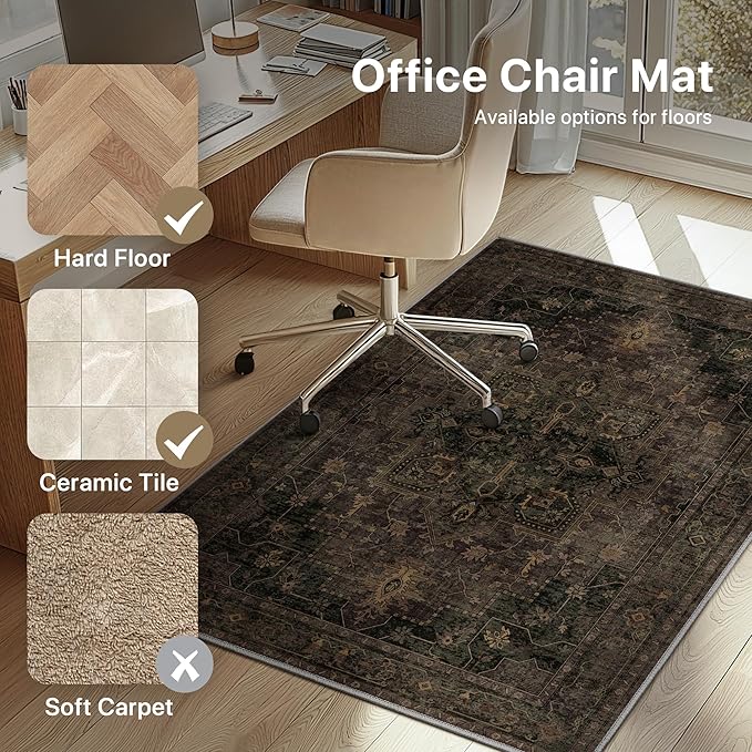 36"x48" Office Chair Mat for Hardwood Tile Floor, Under Desk Carpet Protector for Rolling Computer Chair Mat, Machine Washable Area Rug, Anti-Slip 1/5" Thick Low Pile Thin Vinyl Floor Mat, Brown