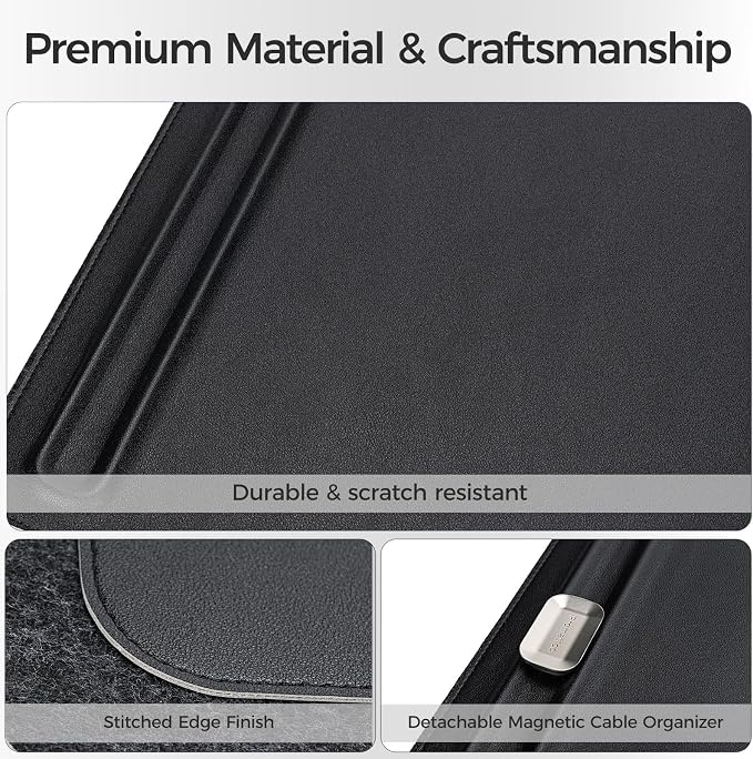 Premium Double-Sided Faux Leather Desk Pad – Non-Slip, Waterproof, with Magnetic Cable Organizer & File Storage – Designed for Offices & Creative Spaces – Durable & Easy to Clean（Black）