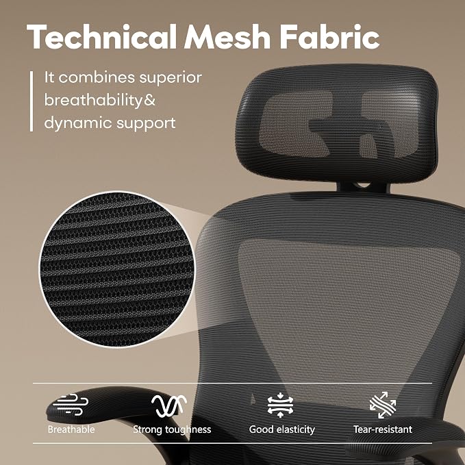 SeekFancy Ergonomic Office Chair M903, Computer Desk Chair | High Back Mesh Office Chair with Adjustable Lumbar Support, Headrest, Flip-Up Armrests, Wheels, 330LBS Capacity, Black