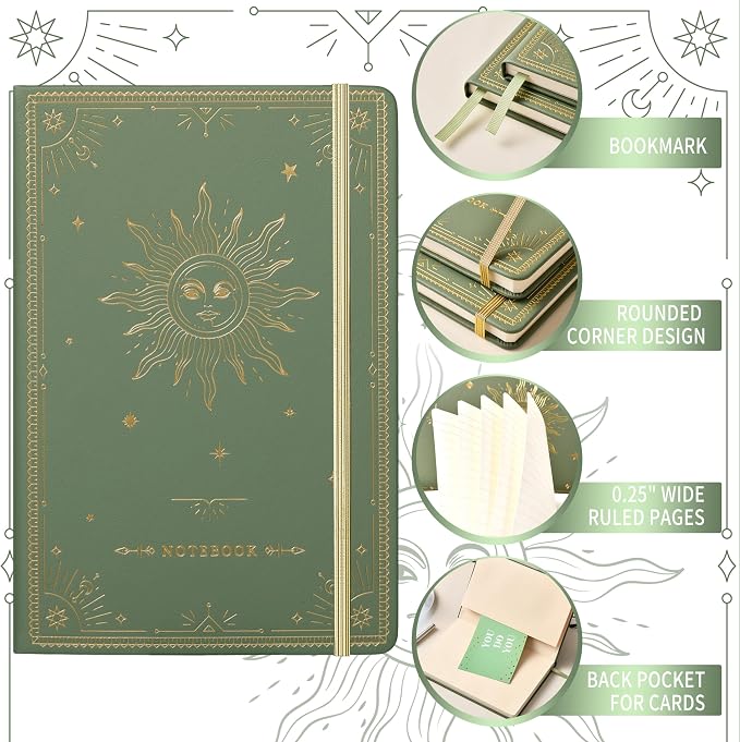 Artfan Ruled Notebook/Journal – Premium Thick Paper Faux Leather Classic Writing Notebook with Pocket + Page Dividers Gifts, Banded, Large, 144 Pages, Hard Cover, Lined (5.8 x 8.4) - Green
