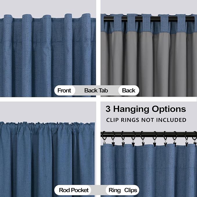 KOUFALL Coastal Blue Blackout Curtains 84 Inch Length 2 Panels Set,Denim Blue Thermal Black Out Farmhouse Linen Nautical Curtains for Living Room Bedroom 84 Inch Long