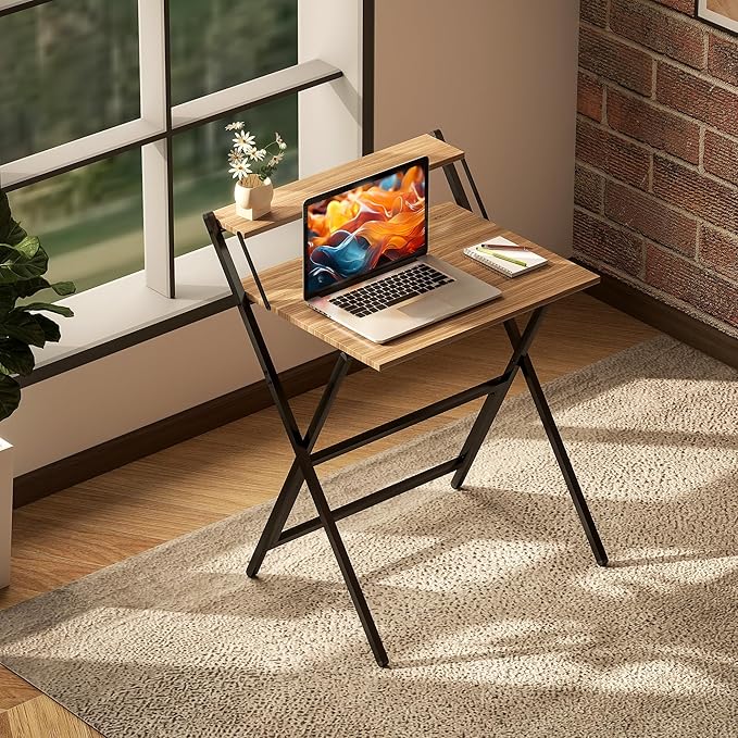 HOMCOM Small Folding Desk, 27.6 Inch Foldable Computer Desk with Monitor Shelf, Space Saving Portable Writing Table for Small Spaces, Home Office, Study, Easy Assembly, Walnut