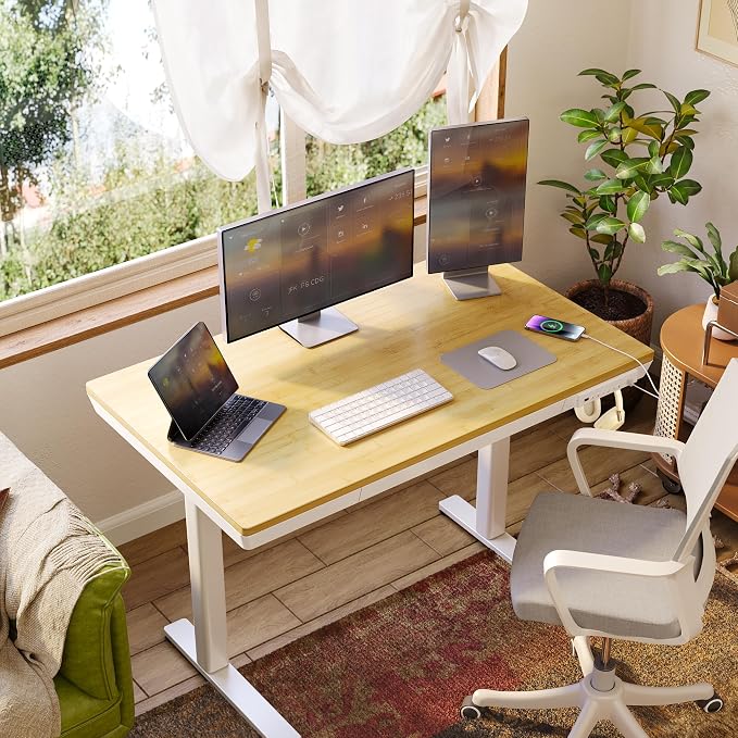Claiks Bamboo Standing Desk with Drawers & USB Ports 48x24 Bamboo | Quick Install, Tape-C Port, USB Ports
