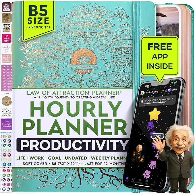 Deluxe Weekly and Monthly Planner | Law of Attraction Planner with Productivity App | 12-Month for Productivity, Gratitude & Goal Setting | Includes Foldable Vision Board, Gift Box & Stickers