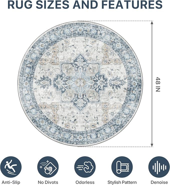 Office Chair Mat for Hardwood Tile Floor, Under Desk Carpet Protector for Rolling Computer Chair Mat, Round Washable Rugs 4ft Circle Area Rug, Anti-Slip 1/5" Thick Low Pile Thin Floor Mat, Blue