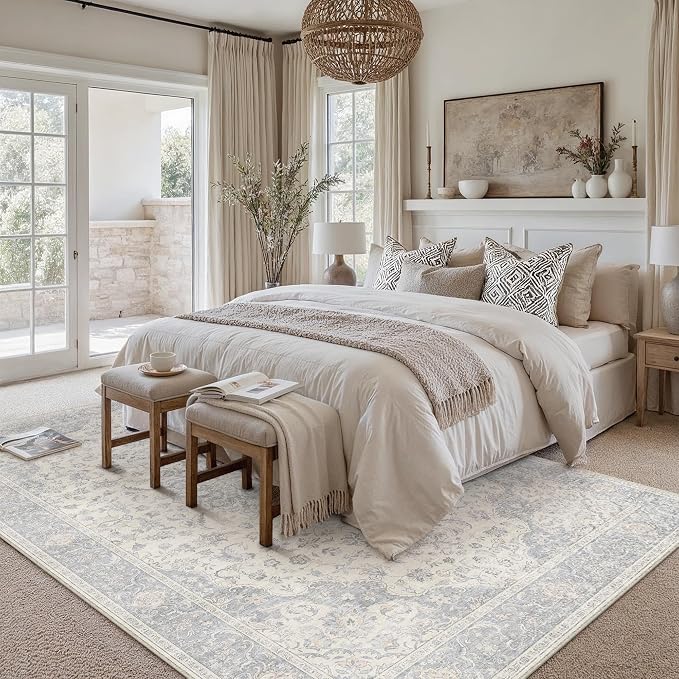 PureCozy 5x7 Area Rug Washable Neutral Gray Living Room Bedroom Vintage Carpet Non Slip Low Pile Soft Floral Indoor Grey Throw Rug for Dining Room Kitchen Office