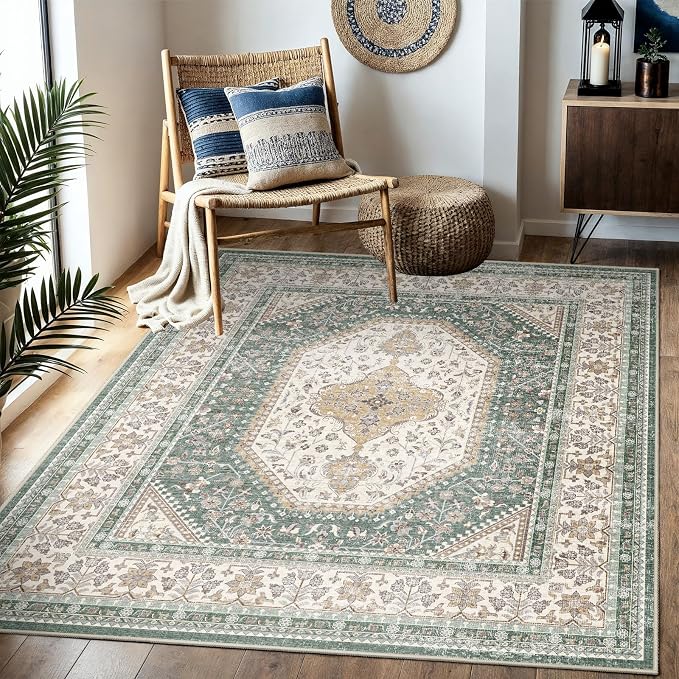 5X5 Square Rug for Living Room - Washable Kitchen Area Rug with Non Slip Rubber Backing for Bedroom Indoor Soft Stain Resistant Carpet Desk Rug for Pet-Friendly and Kitchen Decor Green/Beige