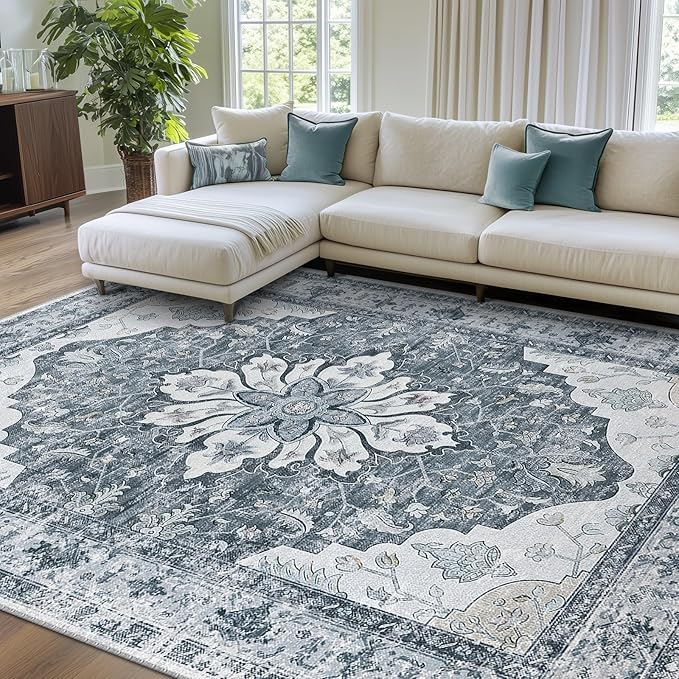 RELEANY Area Rugs 6'x9' Washable Non-Slip, Floral Vintage Distress Medallion Carpet for Living Room Bedroom Dining Room, Light Gray Grey White