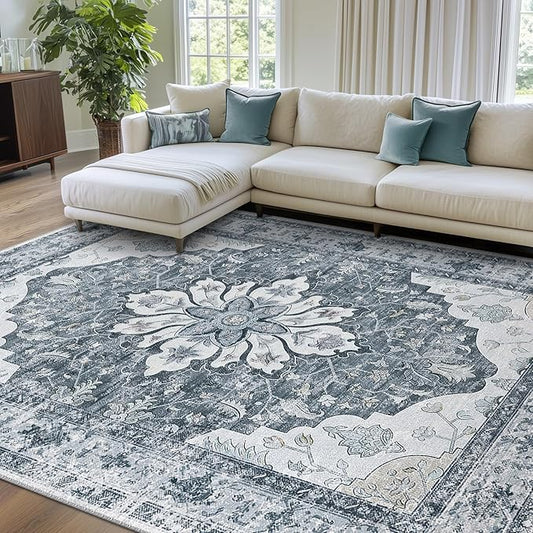 RELEANY Area Rugs 7'x10' Washable Non-Slip, Floral Vintage Distress Medallion Carpet for Living Room Bedroom Dining Room, Light Gray Grey White