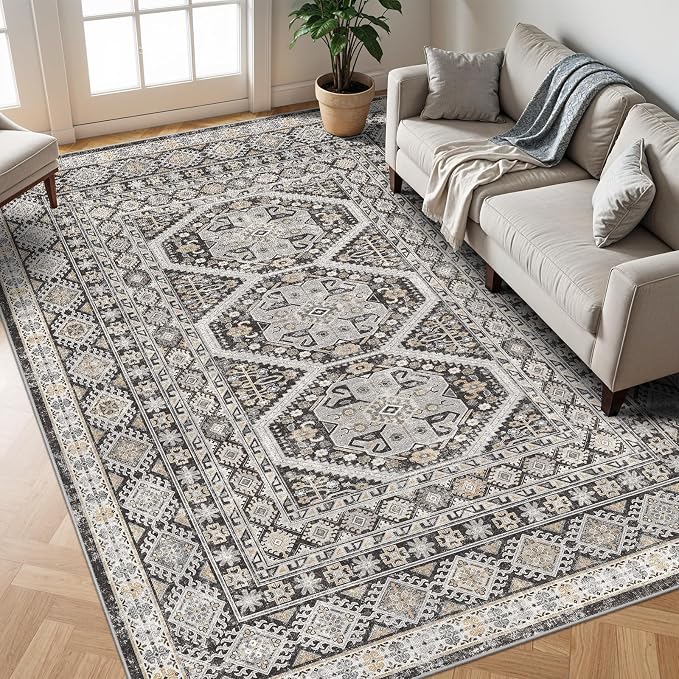 10x12 Area Rug for Living Room: Vintage Oriental Washable Rug for Bedroom Dining Room with Non Slip Rubber Backing Stain Resistant Low Pile Large Carpet Home Office (Black, 10x12)