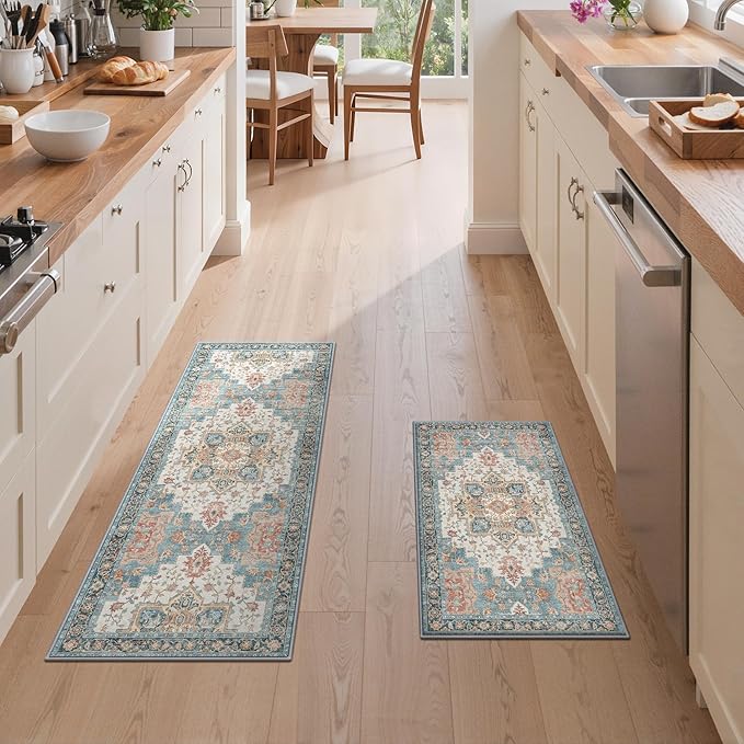 GENIMO Kitchen Rugs Non Slip Washable, 2PCS Kitchen Mats for Floor, Cushioned Standing Mat, Kitchen Runner Rug Floor Mat for Kitchen Decor, Laundry, Sink, Entryway, Home, 20"x32"+20"x48", Blue&Salmon