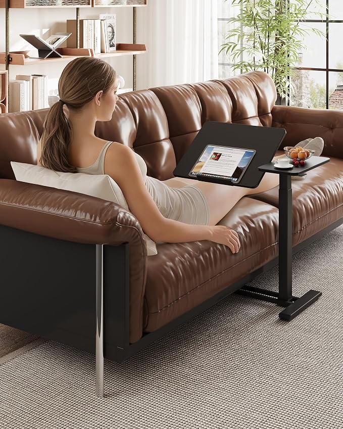 SANODESK 28''Overbed Table Gas Spring Lifting with Wheels&Tilting Desktop | Rolling Mobile Laptop Desk End Table,Portable Computer Workstation for Home Office,Sofa,Bedside,27.6" W x 15.7" D, Black