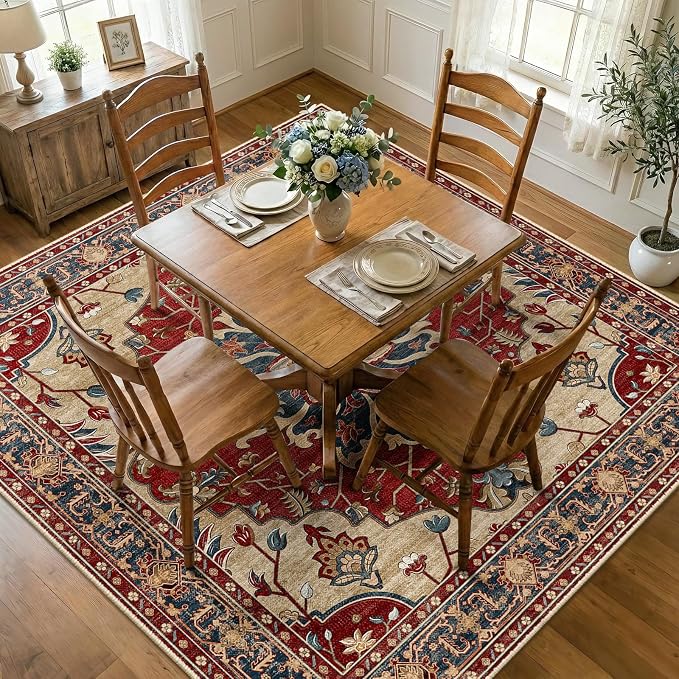 RELEANY Area Rugs Square 8ft Washable Non-Slip, Floral Vintage Distress Medallion Carpet for Living Room Bedroom Dining Room, Red Blue
