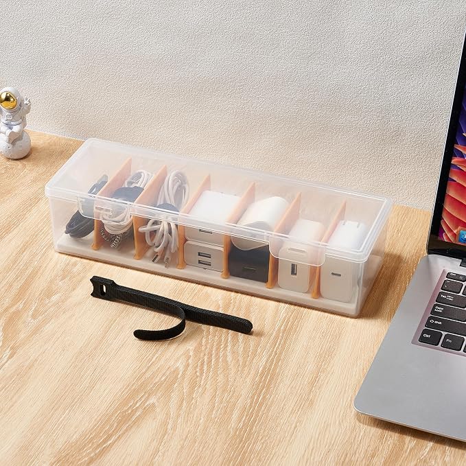 Cable Organizer Storage Box with 8 Cable Ties, Clear Phone Charger Organizer Case Wire Organizers for Cords Electronic Storage Box for Drawer Desk Office Home (1 Pack)