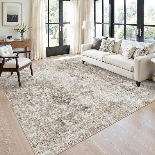 8x8 Square Area Rug Living Room – Non-Slip Washable Large Floor Carpet for Bedroom Dining Room Playroom Room – Modern Abstract Neutral Thin Low-Pile Big Indoor Rug (Beige Grey, 8ft)