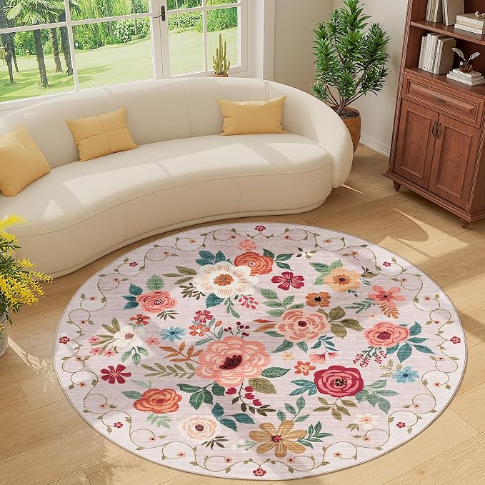 DUKINO Floral Round Rug, 6ft Washable Circle Rug, Non Slip Indoor Low Pile Circle Rug, Soft Small Boho Design Carpet for Bedroom, Entryway, Living Room, Dining Room, Beige