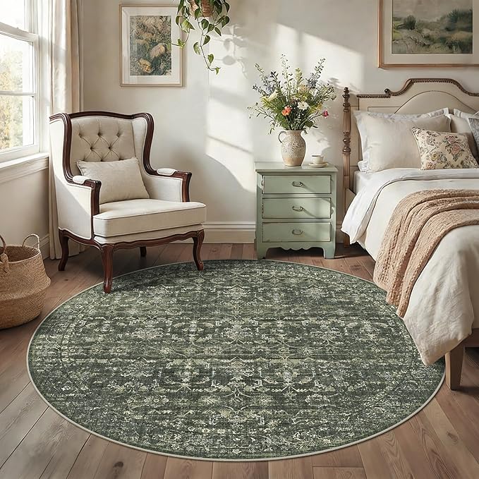 8ft Green Round Washable Area Rug for Living Room Vintage Boho Non Slip Circle 8x8 Large Rug Distressed Floral Carpet Indoor Retro Soft Low Pile Farmhouse Throw Rug for Bedroom Nursery Office