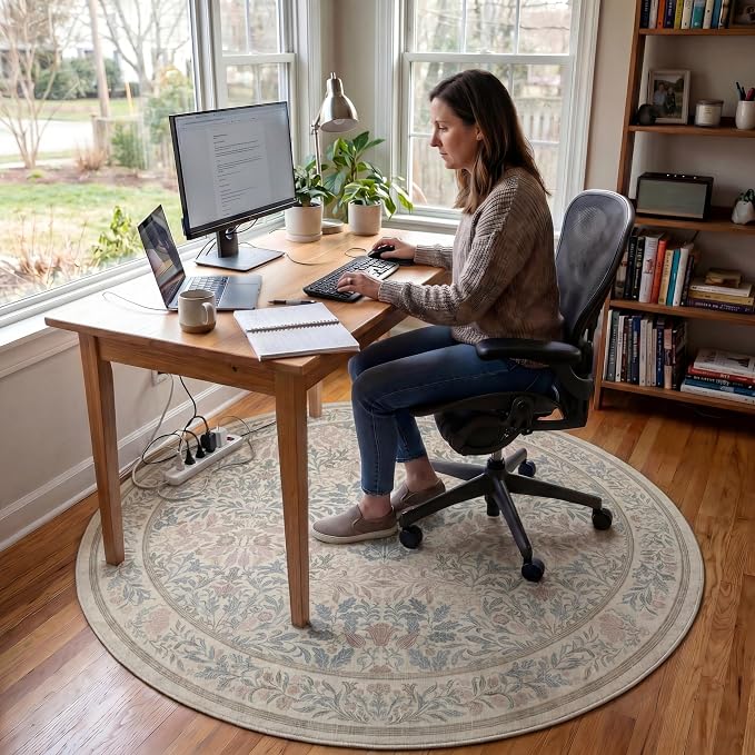 Office Chair Mat for Hardwood Tile Floor, Under Desk Carpet Protector for Rolling Computer Chair Mat, Round Washable Rugs 5ft Circle Area Rug, Anti-Slip 1/5" Thick Low Pile Thin Floor Mat, Beige Pink