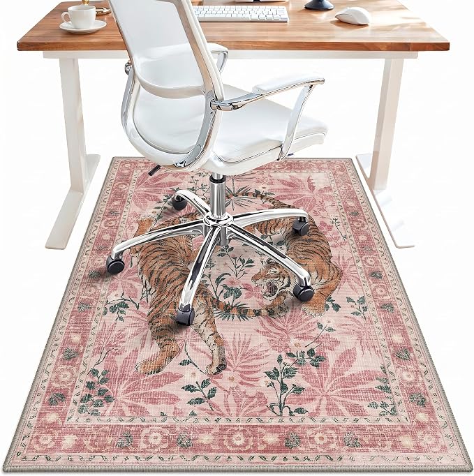 36"x48" Office Chair Mat for Hardwood Tile Floor, Under Desk Carpet Protector for Rolling Computer Chair Mat, Machine Washable Area Rug, Anti-Slip 1/5" Thick Low Pile Thin Vinyl Floor Mat, Pink Tiger
