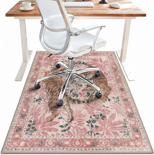 36"x48" Office Chair Mat for Hardwood Tile Floor, Under Desk Carpet Protector for Rolling Computer Chair Mat, Machine Washable Area Rug, Anti-Slip 1/5" Thick Low Pile Thin Vinyl Floor Mat, Pink Tiger
