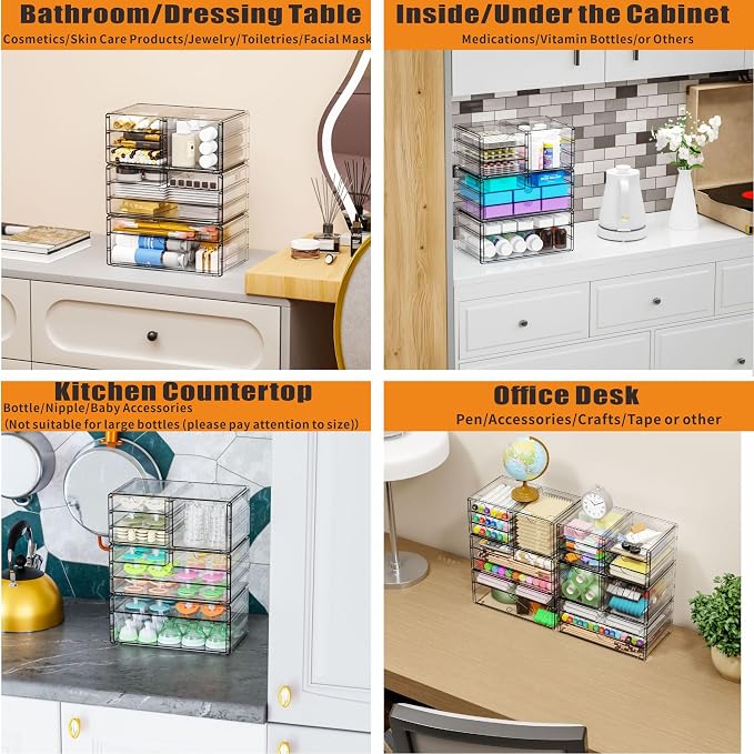 3Pack Clear Drawer Organizers Stackable,Acrylic Storage Drawers With 10 Drawers,Multipurpose Office Supply Organizer and Makeup Organizer for Beauty,Craft,Pen,Medical,Stationary Desk Organizers