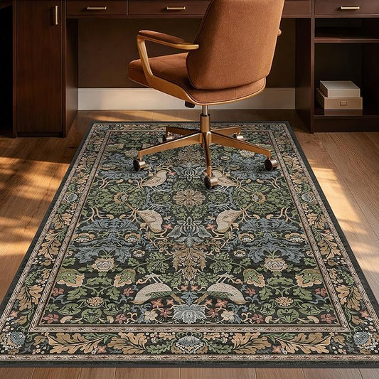 Washable 4x5 Boho Office Chair Mat for Hard Wood Floors, Green Floor Protector for Computer Chair, Rustic Botanical 48"x60" Low Pile Under Desk Rug, Easy to Clean, Non-Slip Stain & Fade Resistant