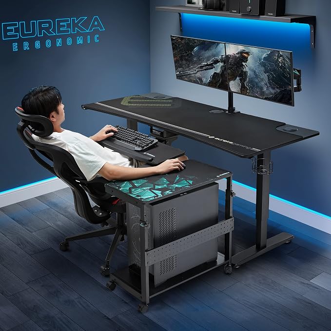 EUREKA ERGONOMIC PC Stand Height Adjustable Black | Height-adjustable 2-tier PC stand with wheels for ATX computer cases or printers, durable steel frame and smooth mobility