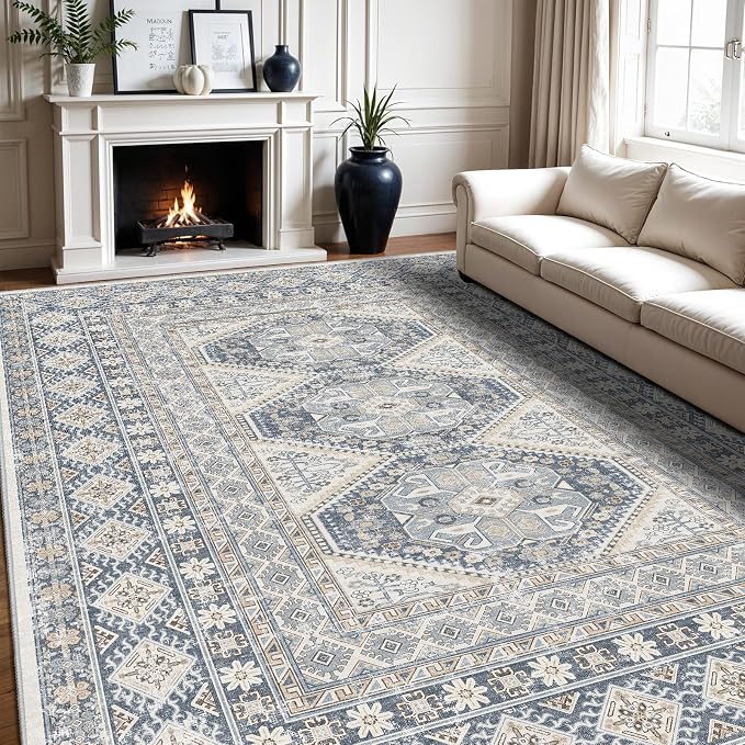 10x12 Area Rug for Living Room: Vintage Oriental Washable Rug for Bedroom Dining Room with Non Slip Rubber Backing Stain Resistant Low Pile Large Carpet Home Office (Blue, 10x12)