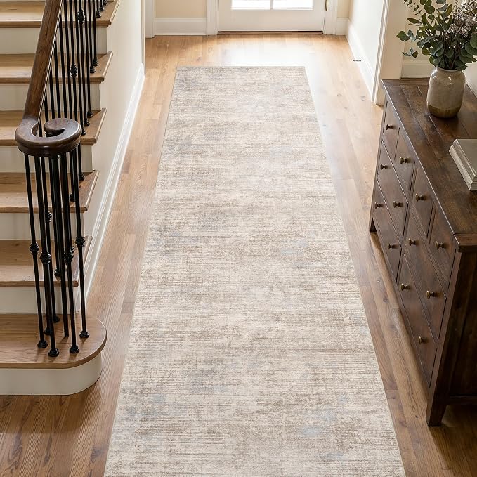 Washable 2x10 Hallway Runner Rug: Non Slip Kitchen Rug Runner Stain Resistance Low Pile Modern Abstract Floor Carpet for Entryway Laundry Livingroom (Ivory Beige Distressed,2x10)