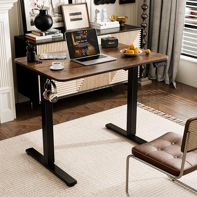 Small Standing Desk,35"x24" Height Adjustable Sit-Stand Home Office, Brown | Electric Adjustable Standing Desk, Sit to Stand Computer Office Desk with Splice Board, Memory Preset, Lifts 28.7''-46.5"